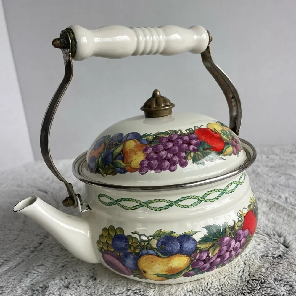 Vintage Teapot Cornucopia Enamel Brass Rimmed
